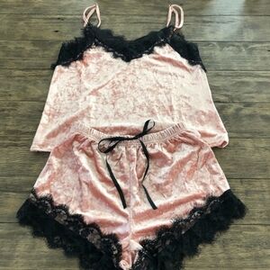Medium Two Piece CrushedVelvet Lace Pajama Set Pink BlackLingerie Sleep M
